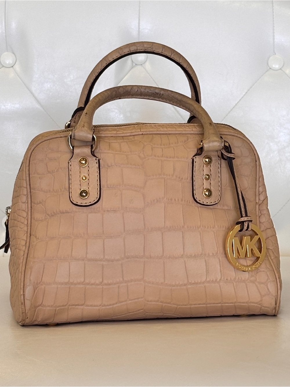 Michael Kors Beige Croc-Embossed Satchel with Gold-Tone Logo Charm